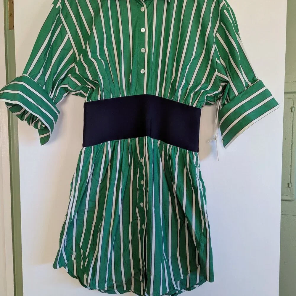 STAUD Michelle Striped Shirt Mini Dress Seaweed Green Size M NWT Chic Versatile - Picture 10 of 16